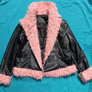 Faux Leather Jacket with Faux Fur Pink Trim